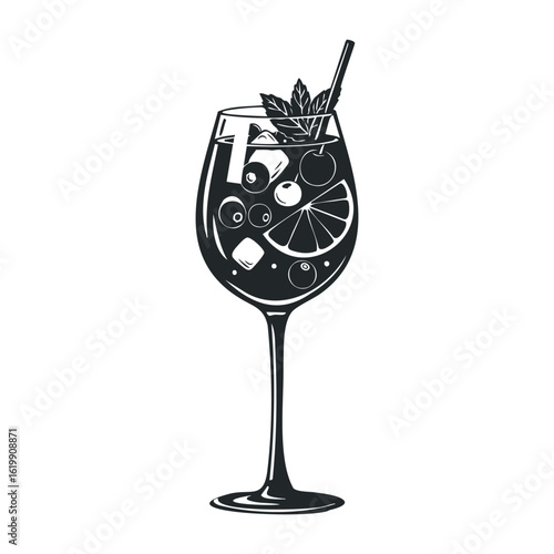 Black and white sangria glass with ice and fruit garnish illustration. Vector illustration