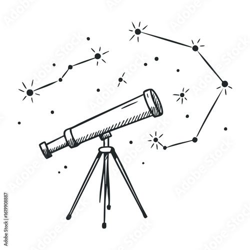 Black and white telescope with star constellations drawing. Vector illustration