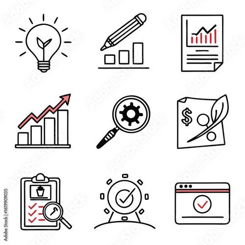 Icon Set Vector Collection of Business and SEO Objects in Modern Line Art Style with Red Accents