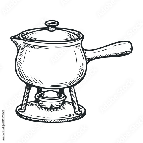 Hand-drawn cheese fondue set with pot, handle, stand, and candle. Vector illustration
