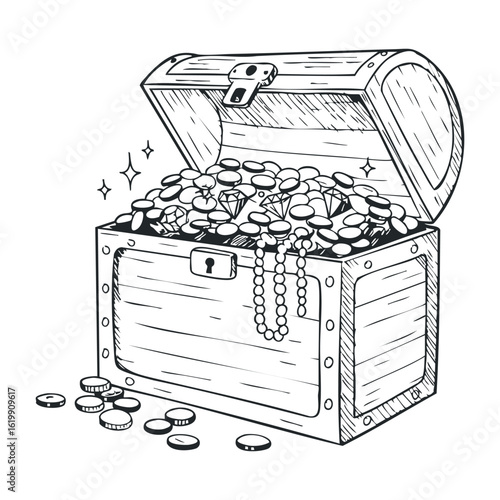 Treasure chest filled with coins, gems, and pearls in black and white line art. Vector illustration