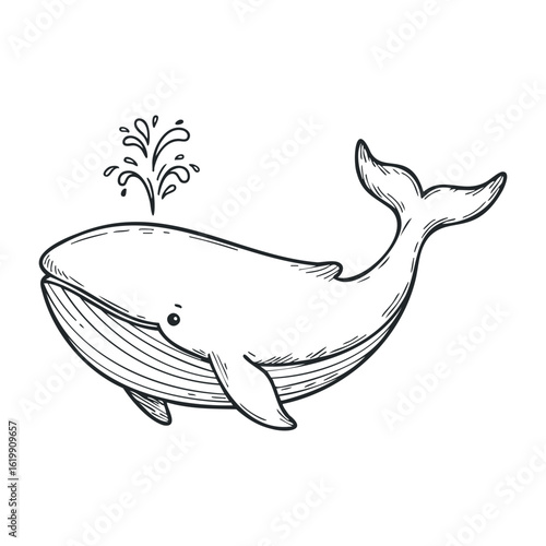Hand-drawn whale sketch with water spout. Vector illustration