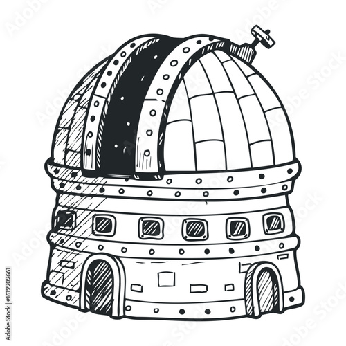 Hand-drawn observatory dome with telescopic feature in black and white. Vector illustration