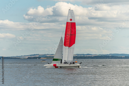 Aarhus, Denmark – August 19, 2021: Sailgp racing in the harbor of Aarhus in Denmark