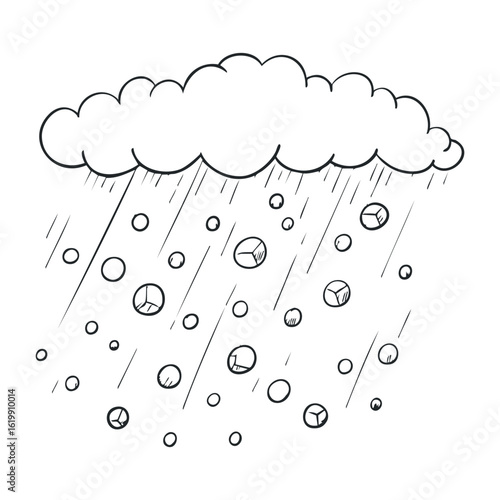 Black and white sketch of cloud with geometric rain and windy elements. Vector illustration
