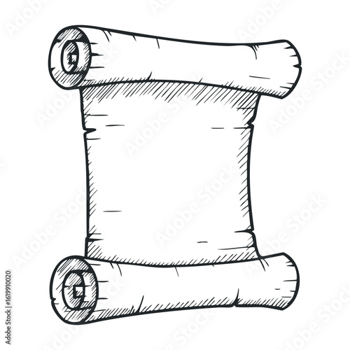 Blank ancient scroll illustration with rolled edges in black and white. Vector illustration