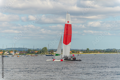 Aarhus, Denmark – August 19, 2021: Sailgp racing in the harbor of Aarhus in Denmark