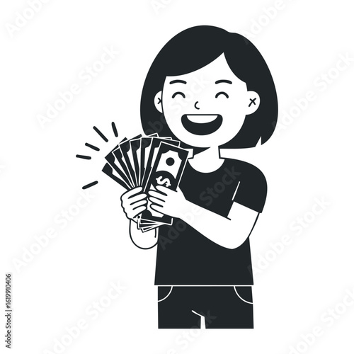 Happy asian female child holding cash smiling black and white cartoon illustration. Vector illustration