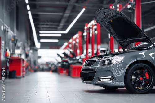 Car repair shop, a gray car with an open hood on the right side of an automotive workshop in a modern style with red pillars, cars standing at their stations for servicing. The background is blurred.