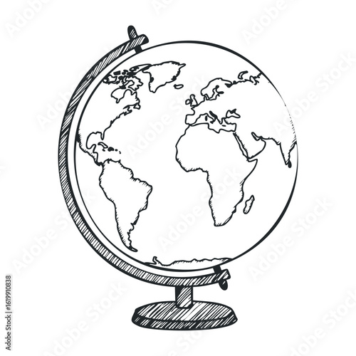 Hand-drawn vintage globe sketch with continents on a stand. Vector illustration