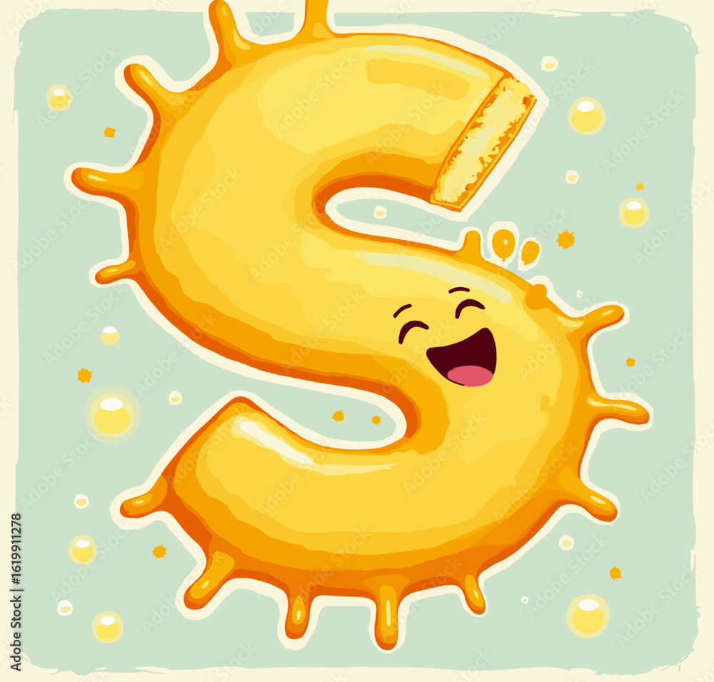 Cheerful bubbly letter S with smiling face illustration on light blue background Cheerful bubbly letter S with smiling face illustration on light blue background