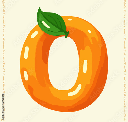 Bright orange letter O with green leaf illustration on soft cream background