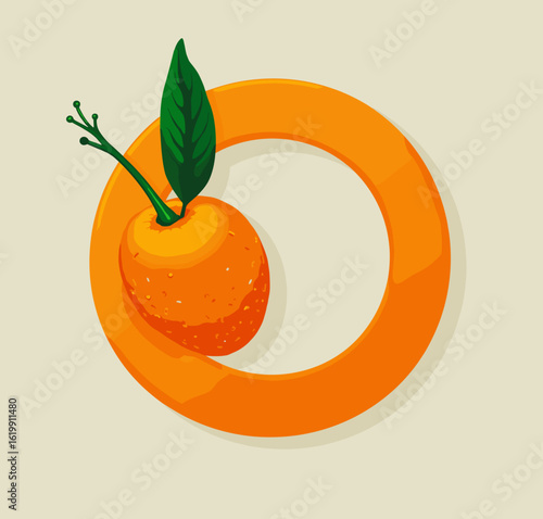 Vibrant orange letter O with orange fruit and leaves illustration on light beige background