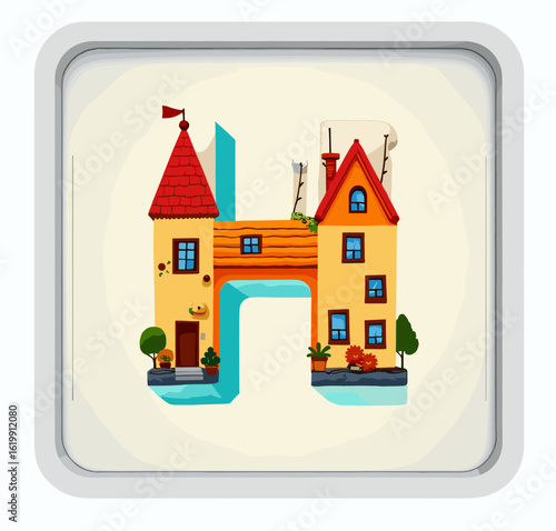 Letter H designed as a charming house with colorful rooftops and greenery