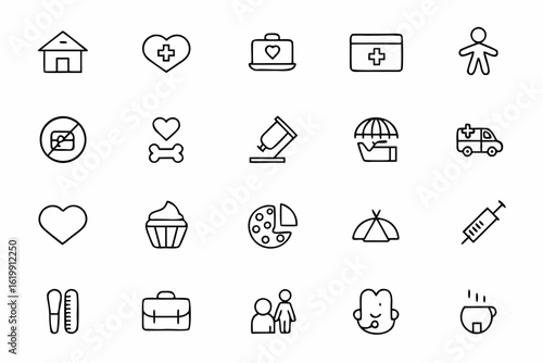 A comprehensive collection of minimalist line art icons representing workplace benefits and employee incentives. Ideal for HR websites, onboarding guides, job portals, and company profiles