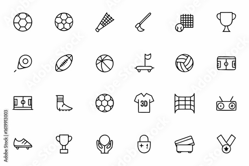 A specialized icon pack focused on team-based games and essential match gear. Ideal for league branding, coaching materials, scoreboards, and fan merch design