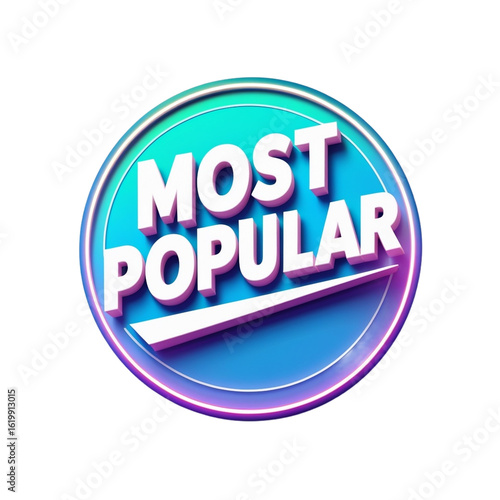 Most Popular Badge PNG – Cyan Glossy Circle Label with Bold White Font Isolated