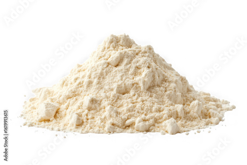 Pile of white protein powder supplement for sports nutrition, baking ingredient, cooking, and food preparation stock photo isolated on transparent background