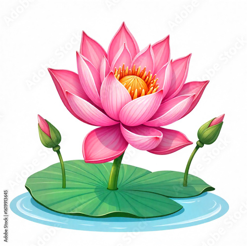 Pink water lily with leaves