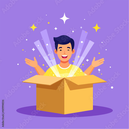 A cheerful young man excitedly opens a cardboard box revealing a bright light and sparkling stars, indicating surprise, excitement, a gift, or a positive discovery.
