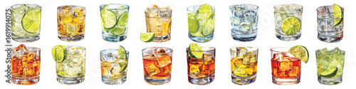 Set watercolor cocktails drink gin tonic glasses with lime slice ice cubes beverages isolated on transparent background