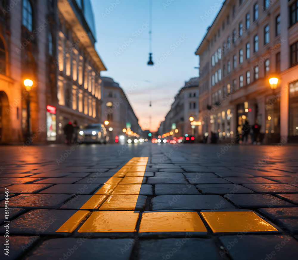 Fototapeta premium Low angle view of cobblestone street with yellow line at dusk