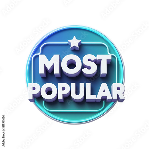 Most Popular Badge PNG – Cyan Glossy Circle Label with Bold White Font Isolated