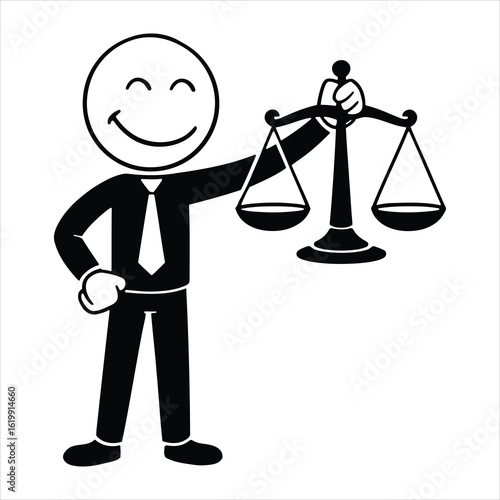 Stick Figure Holding Justice Scale. Law, Balance, and Legal Concept Vector