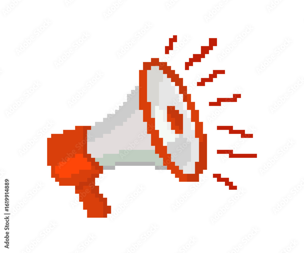 Fototapeta premium Pixel art of megaphone vector with sound wave effect. Pixelated loudspeaker icon.