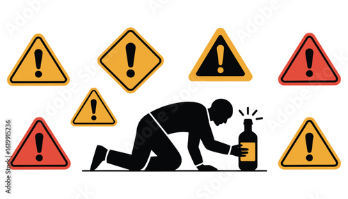 Alcohol Addiction Warning Sign Vector. Drunk Person with Bottle and Danger Symbols
