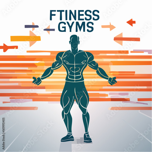 A muscular male bodybuilder silhouette stands against an abstract background with arrows for a fitness gym.