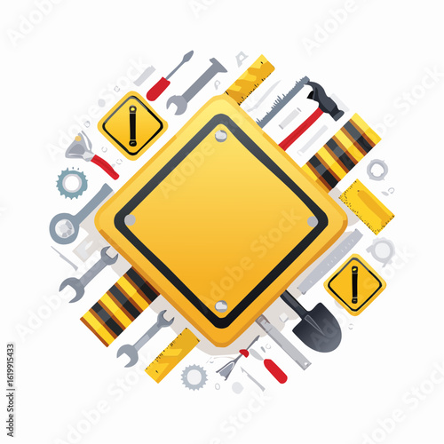 A blank yellow diamond-shaped warning sign surrounded by a collage of construction and repair tools.