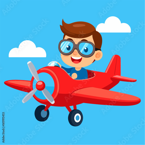 Adorable cartoon boy wearing goggles piloting a red airplane through a clear blue sky dotted with fluffy white clouds, full of joy and adventure.