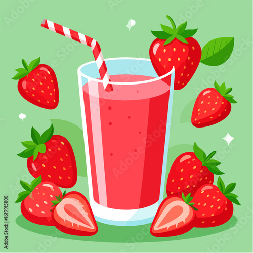 A vibrant and refreshing cartoon illustration of a strawberry smoothie in a glass with a striped straw, surrounded by fresh strawberries on a light green background.