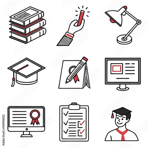 Education Vector Illustration with Books Computer Graduation Cap and Checklist Modern Style