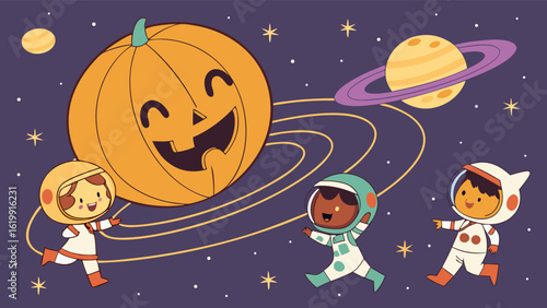 Whimsical halloween astronauts explore a spooky jack o lantern and saturn in a starry cosmic landscape