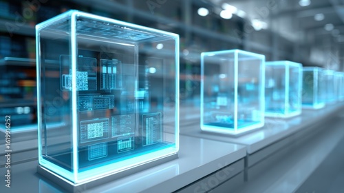 Futuristic Quantum Computing Modules with Transparent Cryogenic Enclosures in a High-Tech Laboratory Environment