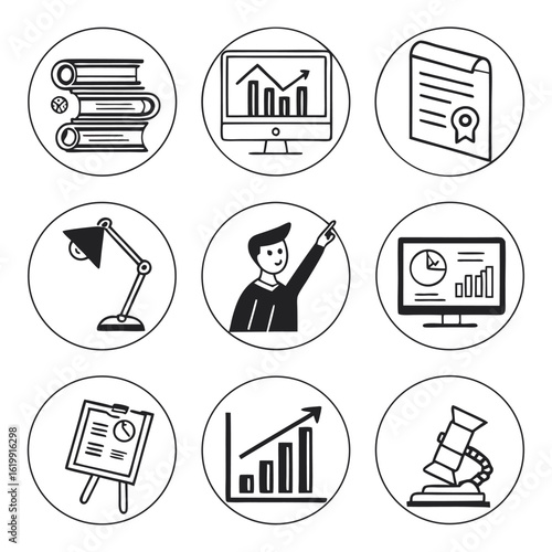 Icon Set Vector of Business and Education Objects Black Line Drawing in Modern Style