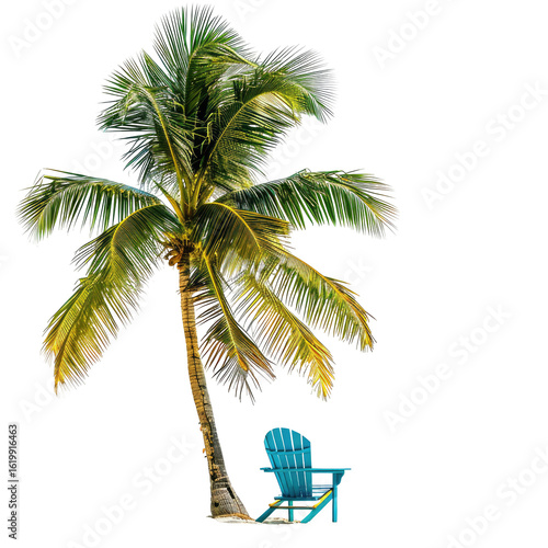 Tropical palm tree with teal-blue Adirondack chair
