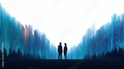 Futuristic Urban Skyline with Symmetrical Composition and High-Contrast Color Palette for Corporate Visuals