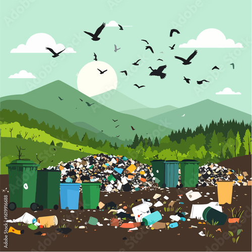 A vector illustration depicts a landscape with rolling green hills and scattered trash, overflowing dumpsters, and flying birds, highlighting environmental pollution and waste issues.