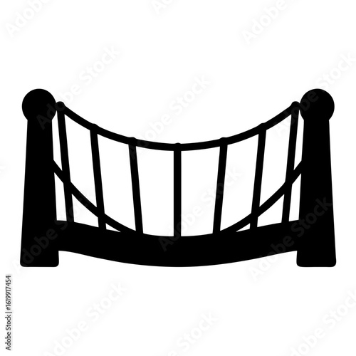 Simple black vector image of a rope bridge suspended between platforms
