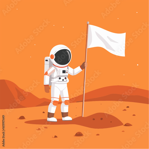 Astronaut plants a white flag on a red planet, symbolizing space exploration, cosmic achievements, and the pioneering spirit of humanity on a distant world.