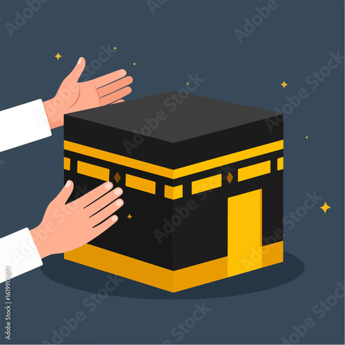 A simple illustration featuring a Muslim worshiper's hands gently reaching for the Kaaba, Islam's holiest shrine, set against a deep blue backdrop adorned with twinkling stars.