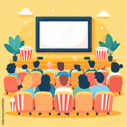 Illustrated view of a group of people sitting in a movie theater watching the screen with popcorn, with a modern flat design and warm colors on a light yellow background.