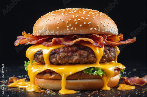 Juicy Bacon Cheeseburger with Melted Cheese. Generative AI.