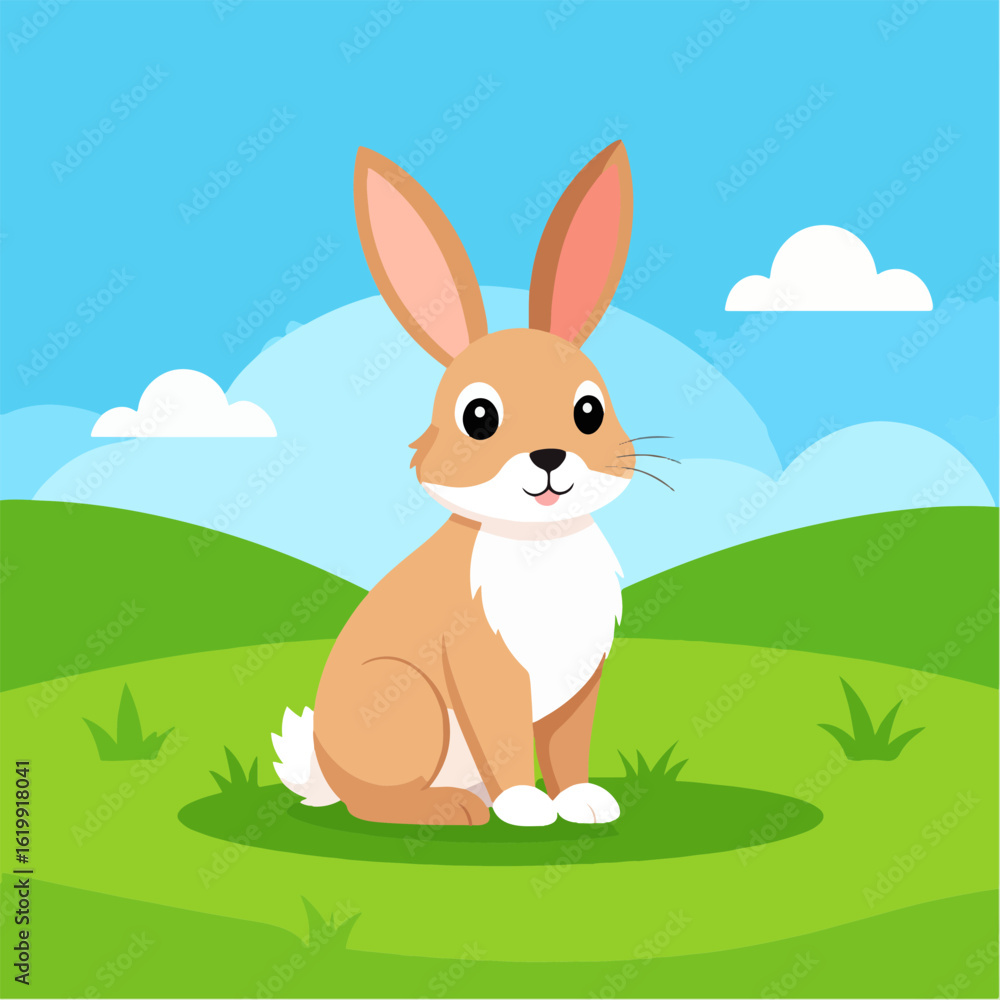 Fototapeta premium Cute cartoon rabbit sitting in a green field under a blue sky, whimsical illustration perfect for children's books or spring-themed designs.