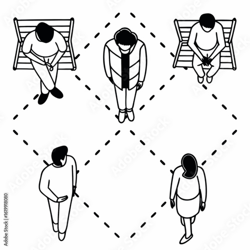 Minimilist aerial view of five people with two sitting on benches connected by dashed lines in a diamond shape vector
