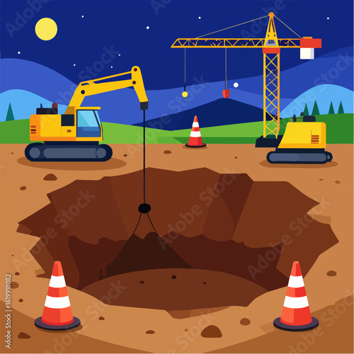 An illustration showcasing heavy construction equipment like an excavator and crane at night, digging a large pit surrounded by safety cones, with a minimalist mountain backdrop.
