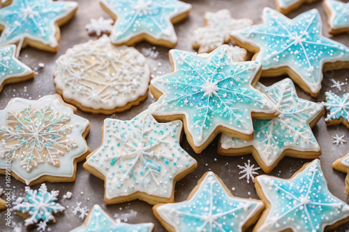 Festive Snowflake Cookies with Icing Decoration. Generative AI.